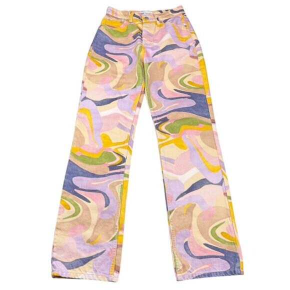 ZARA Straight Leg Abstract Swirl Print Jeans Size 2 Multicolor - Picture 8 of 11
